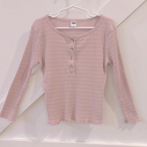 Dusty Rose Blush Pink Ribbed Long Sleeve Half Button Up Top - Picture 1 of 3